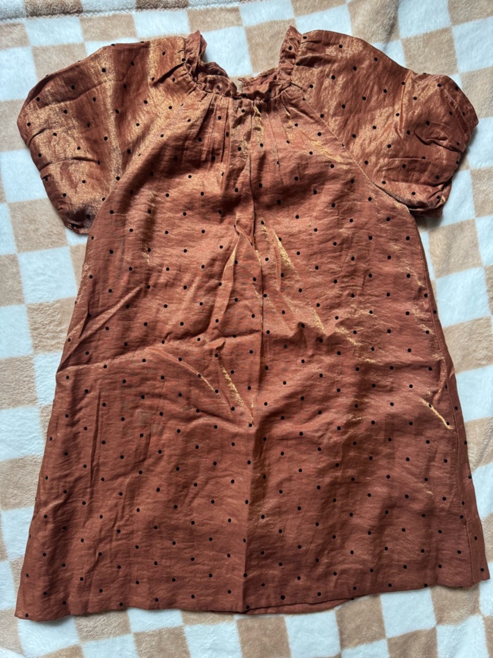 Zara Rust Brown Polka Dot Puff-Sleeve Dress